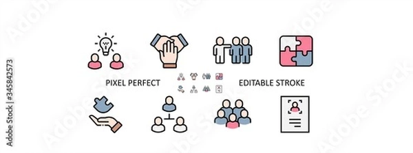 Obraz Team Work Filled Outline Icons. Colorful Linear Set Vector Line Icon. Cooperation, Collaboration, Team Meeting and more. 64x64 Pixel Perfect. Editable Stroke
