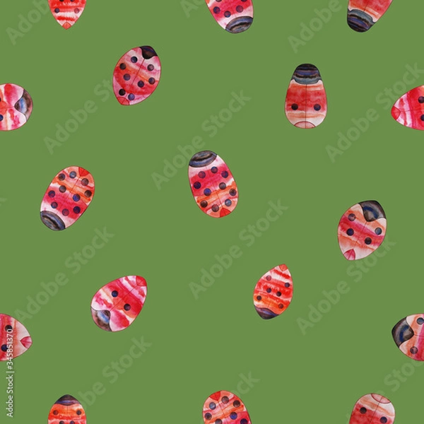 Obraz Seamless pattern ladybugs watercolor hand drawn sketches on a green background.