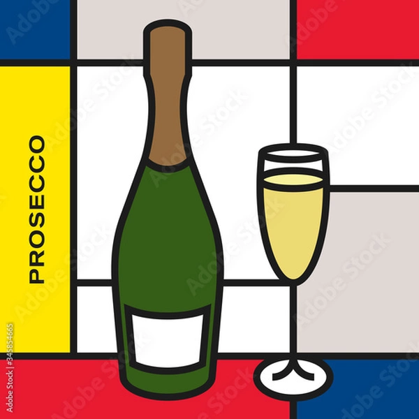 Fototapeta Prosecco bottle with Prosecco glass. Modern style art with rectangular shapes. Piet Mondrian style pattern.