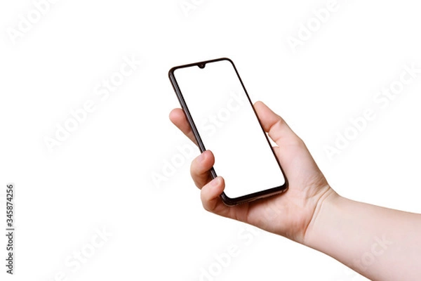 Fototapeta Close up hand hold phone isolated on white. Mock-up smartphone with white color screen
