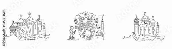 Fototapeta Set of Eid Mubarak celebration- Mosque. Sale banner, scroll,  sticker, badge, price tag, poster. Vector illustration.