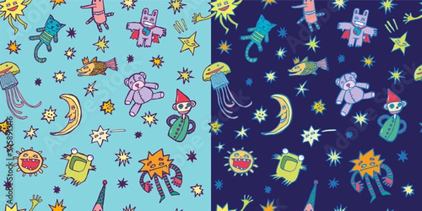 Fototapeta Children's pattern with a month, stars, toys, a teddy bear. Calligraphy. Color vector illustration. Can be used for wrapping paper, wallpaper, fabric, gift wrap, backgrounds.