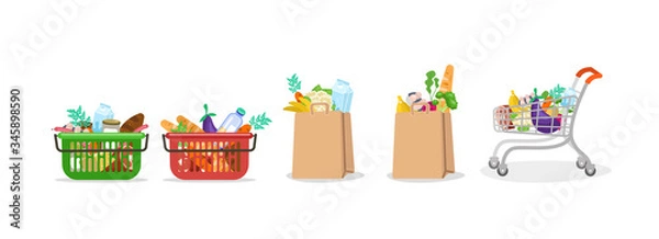 Fototapeta Food bag. Basket and paper bag with a grocery set from supermarket market bread milk vegetables fruits meat full trolley with healthy fresh food, online shopping illustration. Vector clipart graphic.