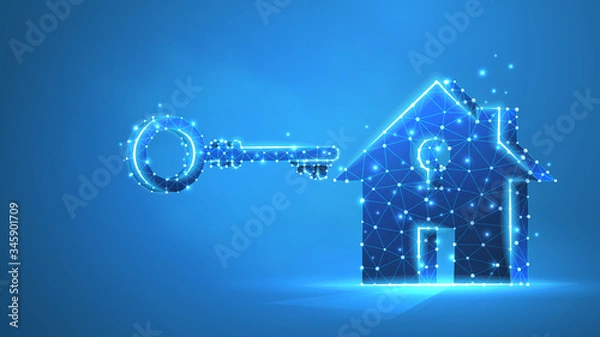 Fototapeta Home with a key. Real estate, house safety, and property concept. Low poly, wireframe 3d vector illustration. Abstract polygonal img on blue neon background
