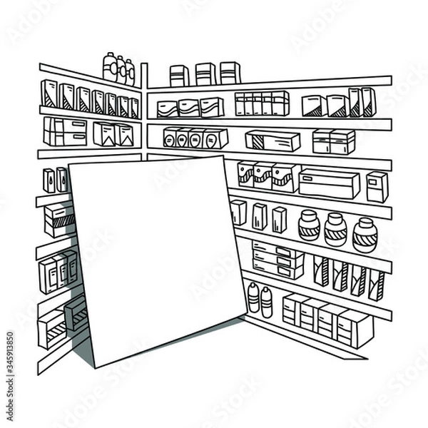 Fototapeta pharmacy store with a blank banner for text or image. outline doodle style. drugstore, apothecary, dispensary, chemist's shop. copyspace. isolated vector illustration on white