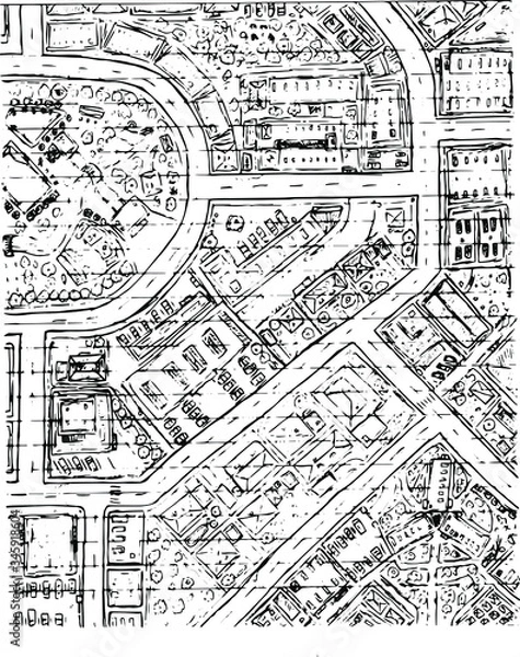 Fototapeta drawn city overview map roofs roads block paper illustration complex vector doodle sketch pencil  