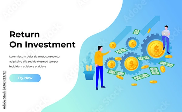 Fototapeta ROI concept, Return on investment, people managing financial chart, profit income, Pile Of Coins. Suitable for web landing page, ui, mobile app, banner template. Vector Illustration.