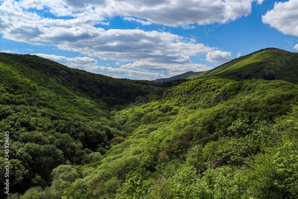 Fototapeta Beautiful view of the mountains on a sunny day in the spring. White clouds on a blue sky in the background. Little Carpathians, Slovakia.