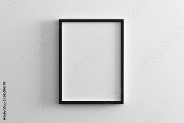 Fototapeta pusta ramka na białej ścianie makieta, pionowa czarna ramka plakatowa na ścianie, ramka na zdjęcia izolowana na ścianie, makieta do obrazu lub ramki na zdjęcia, pusta ramka na jasnej ścianie, renderowanie 3d