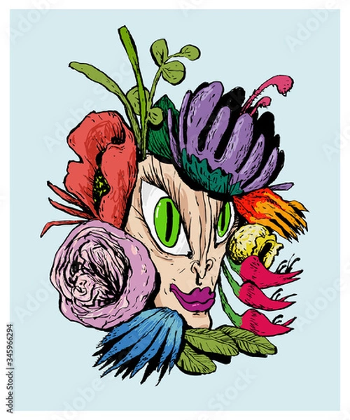 Fototapeta A sketchy bouquet with flowers and a portrait of a girl, drawn with ink and colored pencils. Color vector illustration. It can be used in stores, supermarkets, boutiques, on sites, booklets.
