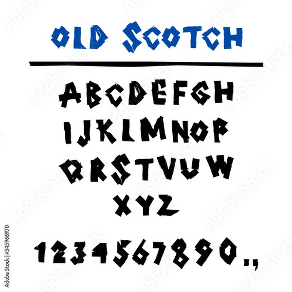 Fototapeta Decorative font "old scotch tape", square ragged letters. Color vector illustration. Can be used in social networks, for articles, publications, postcards, print, poster, sticker, on a T-shirt.