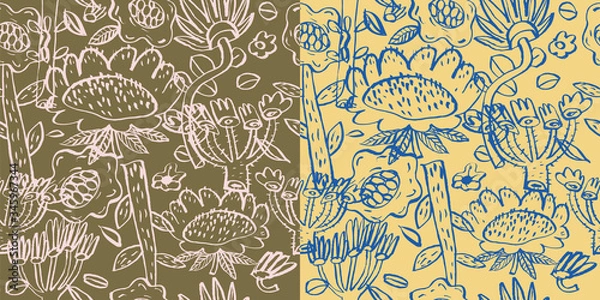 Fototapeta Pattern with painted flowers, in two colors, two options. Calligraphy. Color vector illustration. Can be used for wrapping paper, wallpaper, fabric, gift wrap, backgrounds.
