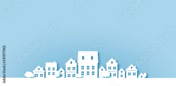Fototapeta Paper cut houses on blue background city landscape village paper art digital craft style. vector illustartion