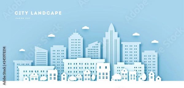 Fototapeta Cityscape in paper art style. Uraban Landscape paper cut with clouds and blue background. Scape. vector illustration