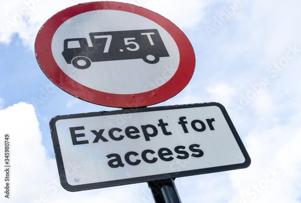 Obraz UK Road Sign explaining that trucks weighing more than 7.5 tonnes are prohibited in a certain area unless it is solely for access purposes.