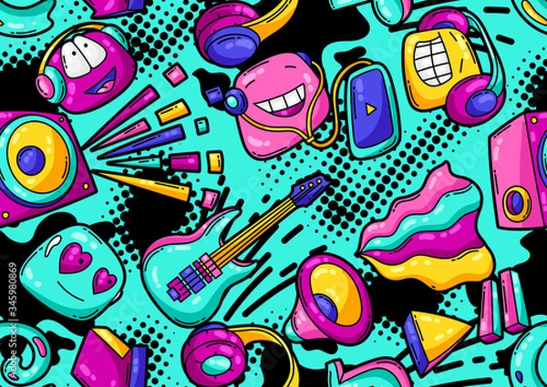 Fototapeta Seamless pattern with cartoon musical items.