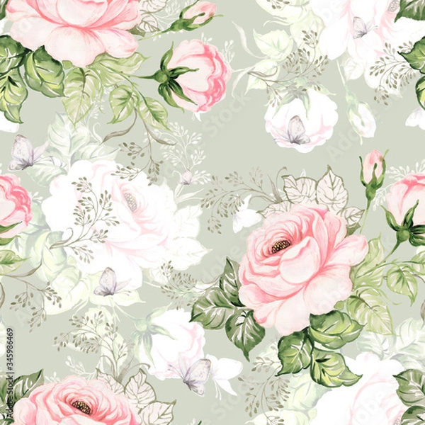 Fototapeta Seamless pattern beautiful roses, herbs and butterflies painted on paper with paints