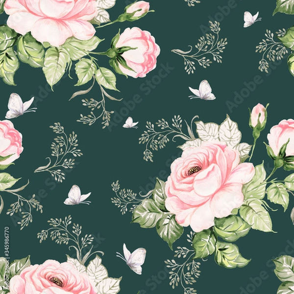 Fototapeta Seamless pattern beautiful roses, herbs and butterflies painted on paper with paints