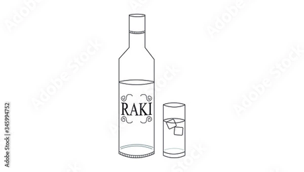 Fototapeta illustration of a bottle of raki that is a turkish alcoholic drink and a glass with water and some ice in it