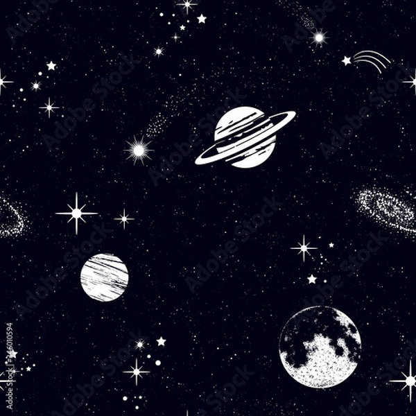 Fototapeta Space seamless pattern, beautiful galaxy, stars, planets, constellations in outer space. Texture for wallpapers, fabric, wrap, web page backgrounds, vector illustration
