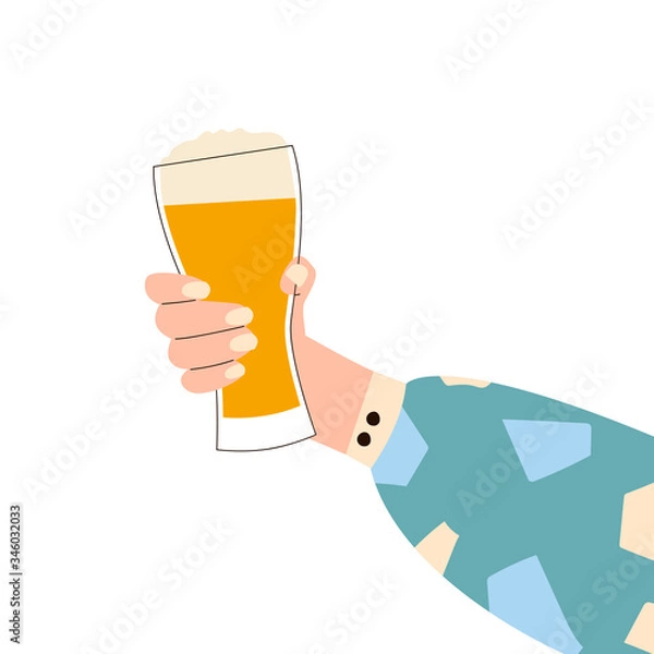 Fototapeta Female hand holding glass of beer. Woman's hans in bright clothes with memphis pattern holding glass. Alcohol drink. Concept of beer lover. Side view. Flat vector illustration