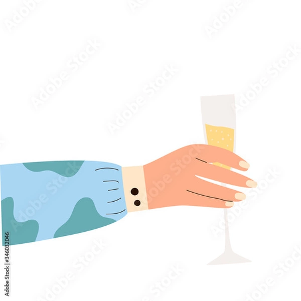 Fototapeta Female hand holding glass of sparkling wine. Woman's hans in bright clothes with memphis pattern holding glass. Alcohol drink. Concept of champagne lover. Side view. Flat vector illustration