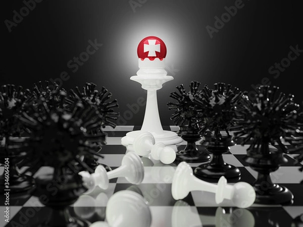 Fototapeta 3D Render Fight coronavirus outbreak strategy concept. 3D Chess board game of figure with medical and black COVID-19 virus chess,Protect people from virus concept