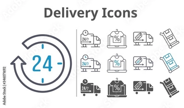Fototapeta delivery icons icon set included online shop, 24-hours, delivery truck, trolley icons