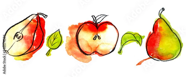 Fototapeta Pears and apples are green and red. juicy summer fruits. Green leaves of fruit trees