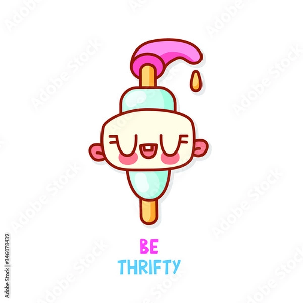 Obraz Cute illustration of a soap dispenser with multi-colored inscription Be thrifty. Vector isolated sticker for decorating diary, blog, article or online store. Card with wise advice.
