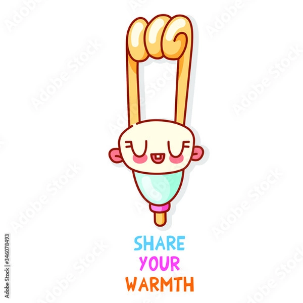 Obraz Cute electric heater with rosy cheeks. A kind lettering share your warmth. Vector isolated illustration for design of clothes, applications or game. Sticker to decorate your diary. World Kindness Day.