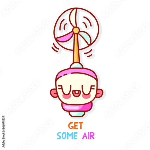 Obraz Cute multi-colored fan with closed eyes and rosy cheeks. Lettering get some air. Funny vector isolated picture for design of mobile application, computer game, print on clothes. Sticker on your diary.