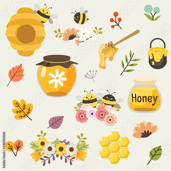 Obraz The collection of cute bee and honey and flower and leaf in the pack in flat vector style. Graphic resource about bee
for background, graphic,content , banner, sticker and greeting card.
