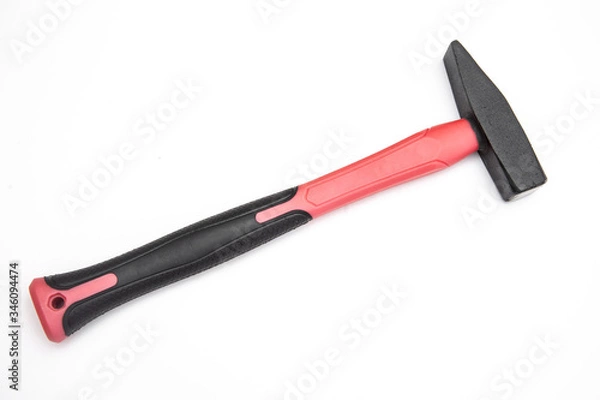 Fototapeta hammer with a red handle on a white background
