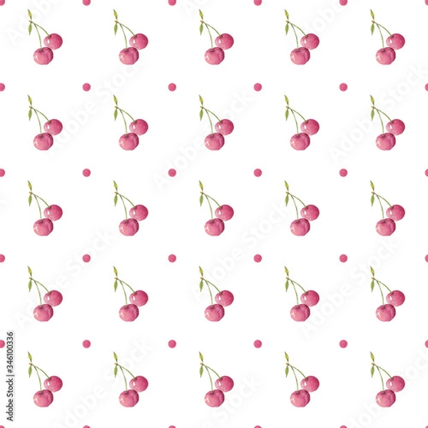 Obraz Seamless pattern of hand-drawn cherries on a white background. Use for weddings, menus, invitations.