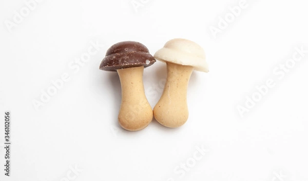 Obraz cookies and chocolate in the shape of mushrooms on a white background