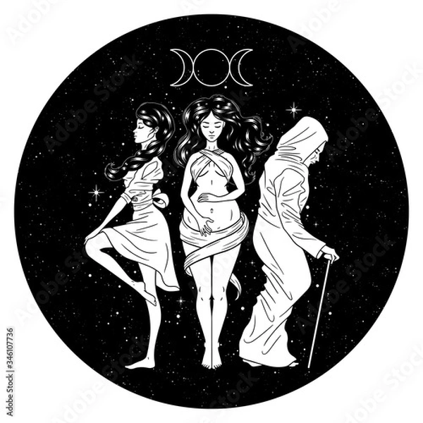 Fototapeta Three women figures, symbol of Triple goddess as Maiden, Mother and Crone, moon phases. Hekate, mythology, wicca, witchcraft. Vector illustration