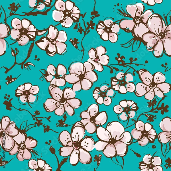 Fototapeta Springtime wallpapper with apricot blossom vector sketch