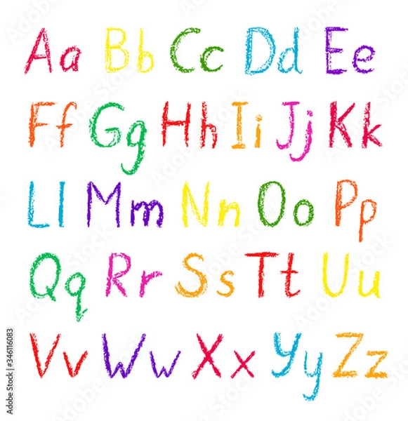 Obraz Vector alphabet set. Hand drawn wax crayons font on white background. Isolated chalk style  abc. Children drawling style color letters collection. Bright colorful childish symbols. Chalk styled type. 