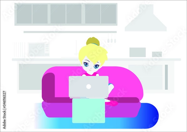 Fototapeta girl working on the sofa use  laptop works through social networks, behind her is the kitchen.
Cute illustration in flat style. Freelance or studying concept.