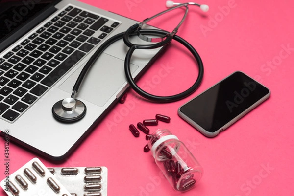 Obraz Doctor online medical consultation. Online internet call to a doctor for a patient with symptoms of illness at home