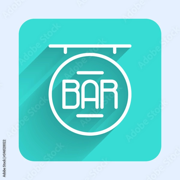 Fototapeta White line Street signboard with inscription Bar icon isolated with long shadow. Suitable for advertisements bar, cafe, restaurant. Green square button. Vector Illustration