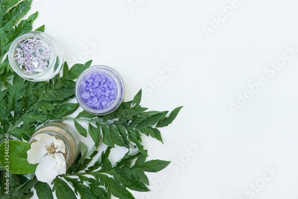 Fototapeta Natural cosmetics ingredients on white background with copy space
