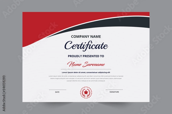 Fototapeta Certificate template with a badge and red & black color modern shape 