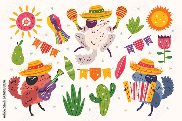 Fototapeta Set of little cute chinchillas in sombrero with a guitar, maracas and button accordion. Mexican theme. Cactus. Yellow sun. Party.  Flat colourful vector illustration, art isolated on white background.