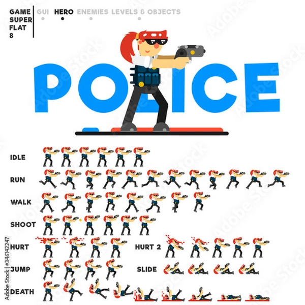 Fototapeta Animation of a police girl with a pistol for creating a video game