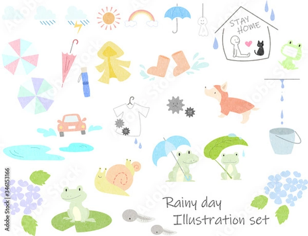 Obraz 雨の日のイラストセット