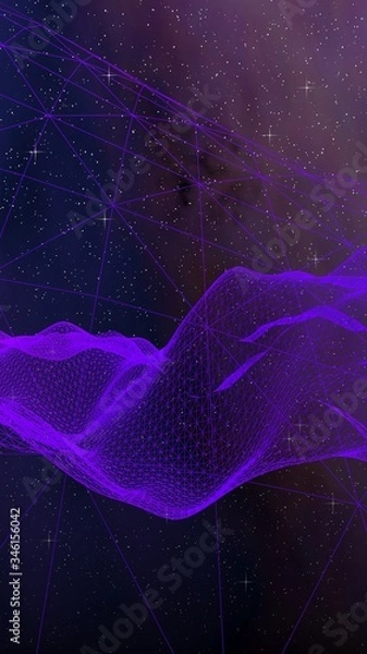 Fototapeta Abstract ultraviolet landscape on a dark background. Purple cyberspace grid. hi tech network. Outer space. Violet starry outer space texture. 3D illustration