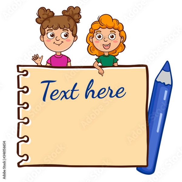 Fototapeta doodle sketch notepad sheet for your lettering. Simple, flat illustration of a frame for an inscription with children and pencils 