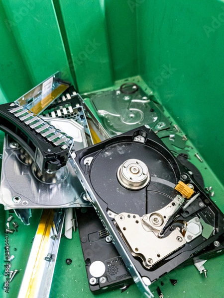 Fototapeta Electronic trash with various destroyed computer components.